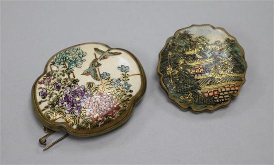 Two Japanese gilt metal and Satsuma brooches.